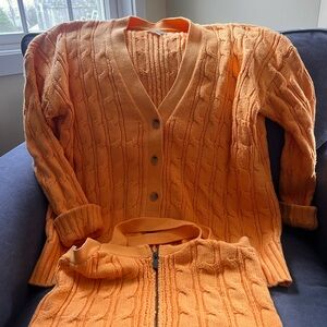 Maeve Anthropologie Orange Cable Knit Set Cardigan + Zip Sweater Medium
